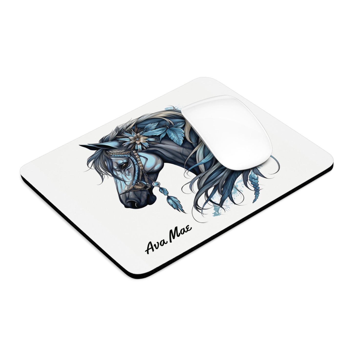 Horses Mouse Pad, Blue Feather Fantasy Horse Gift, Home Office Decor - FlooredByArt