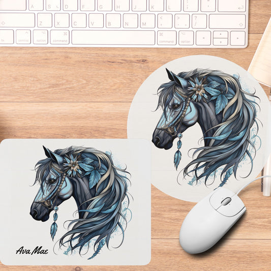 Horses Mouse Pad, Blue Feather Fantasy Horse Gift, Home Office Decor - FlooredByArt