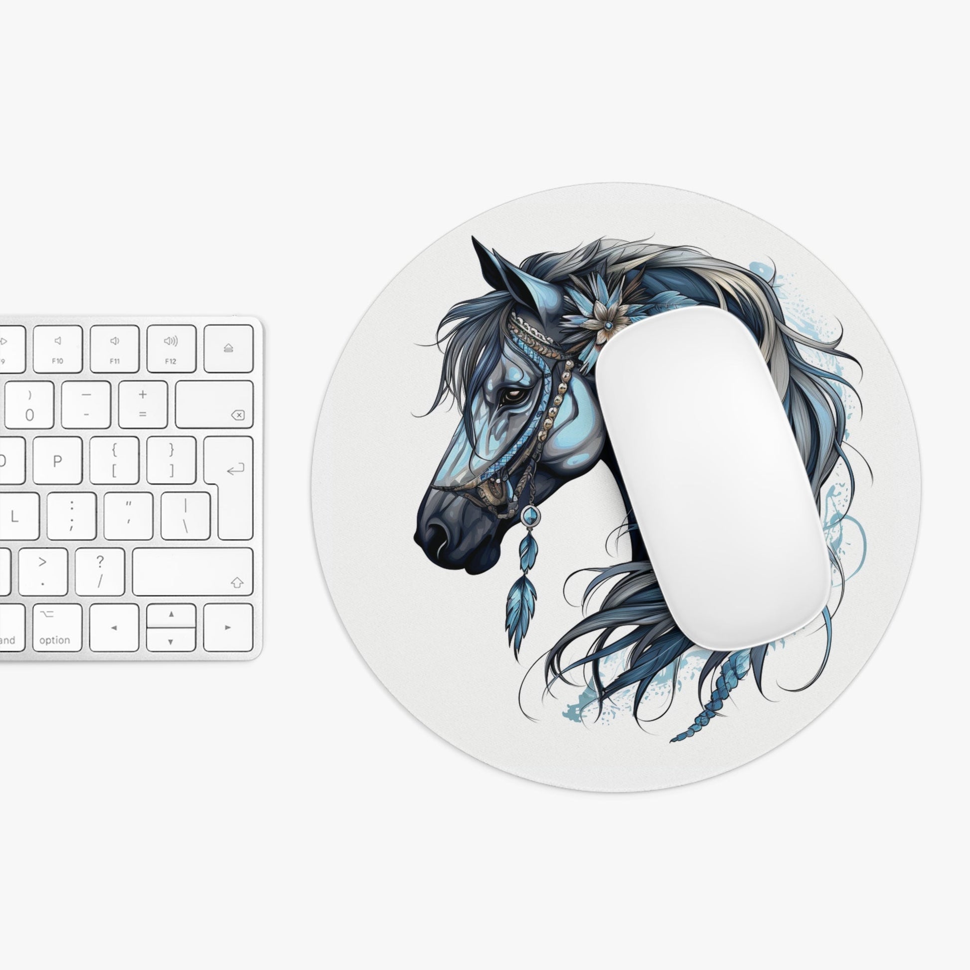 Horses Mouse Pad, Blue Feather Fantasy Horse Gift, Home Office Decor - FlooredByArt