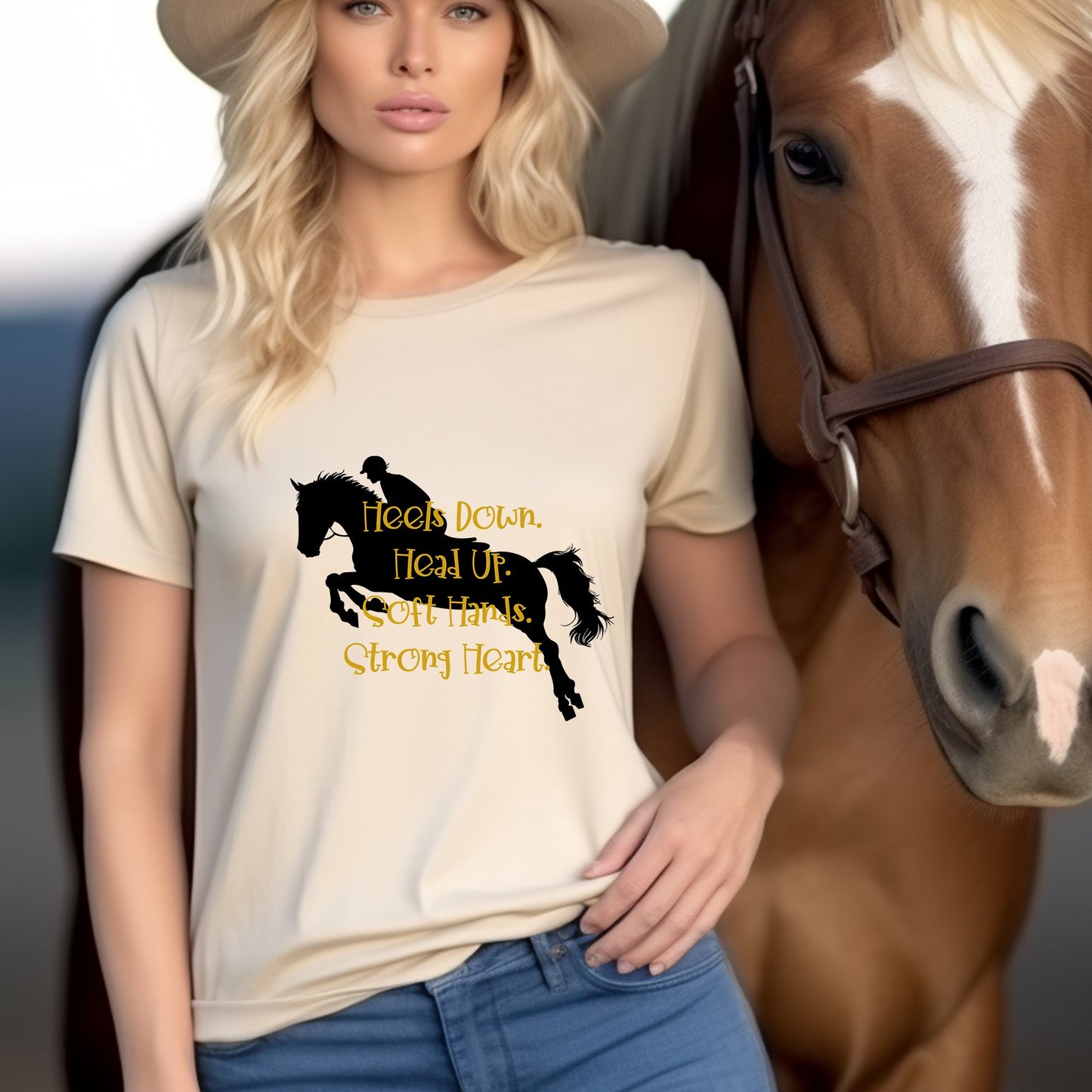 Hunter Jumper T-shirt, Riders Mantra "Heels Down, Head Up, Soft Hand, Strong Heart" - FlooredByArt