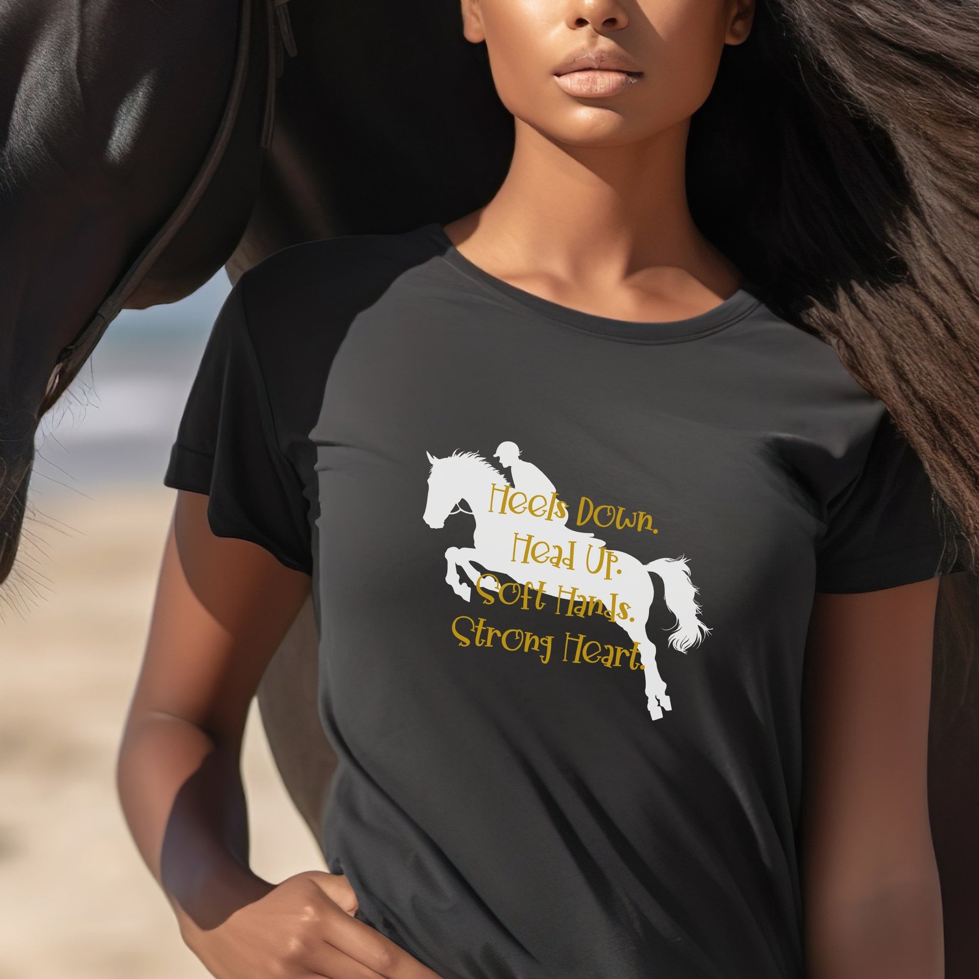 Hunter Jumper T-shirt, Riders Mantra "Heels Down, Head Up, Soft Hand, Strong Heart" - FlooredByArt