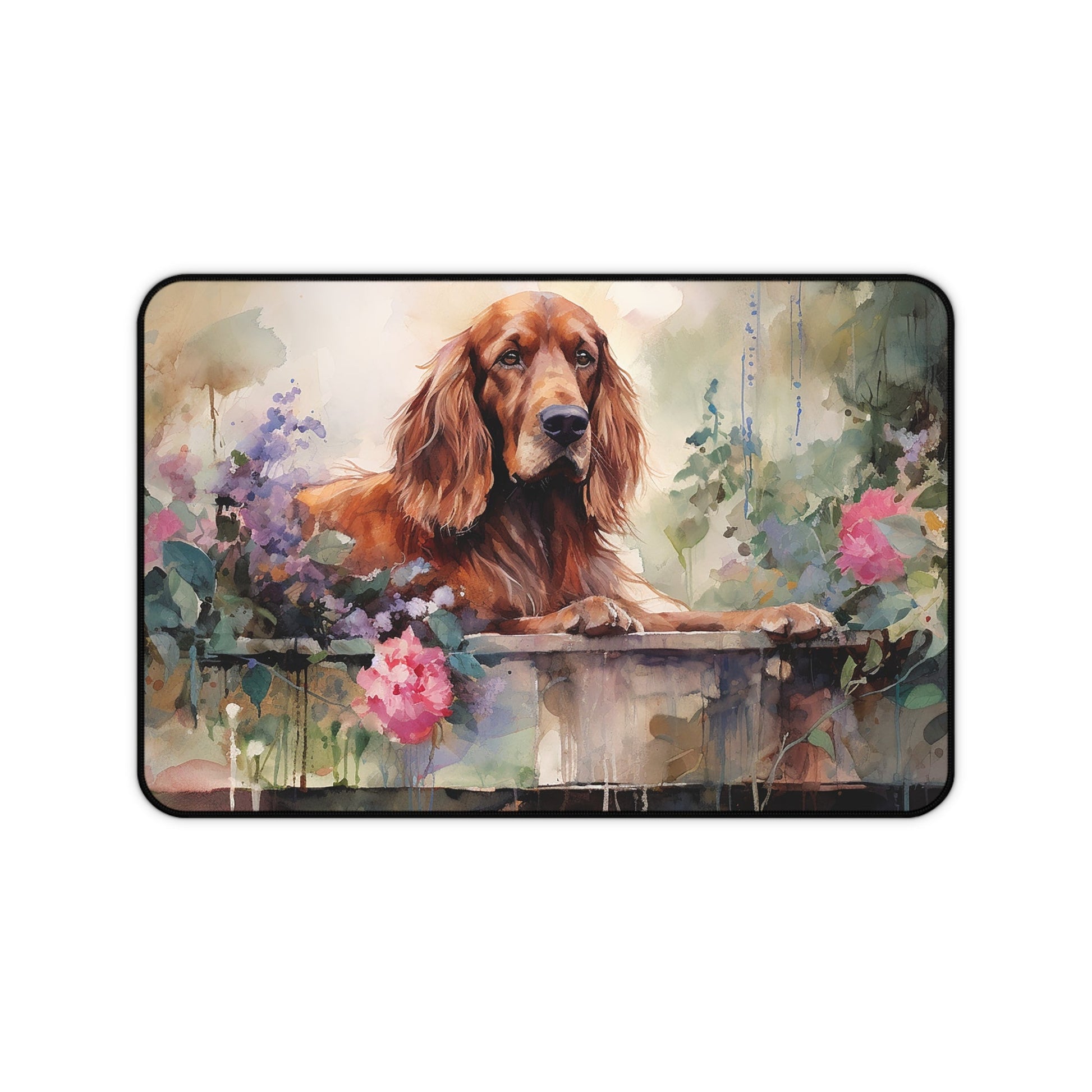 Irish Setter in the Garden Watercolor Mouse Pad, Unique Desk Mat - FlooredByArt