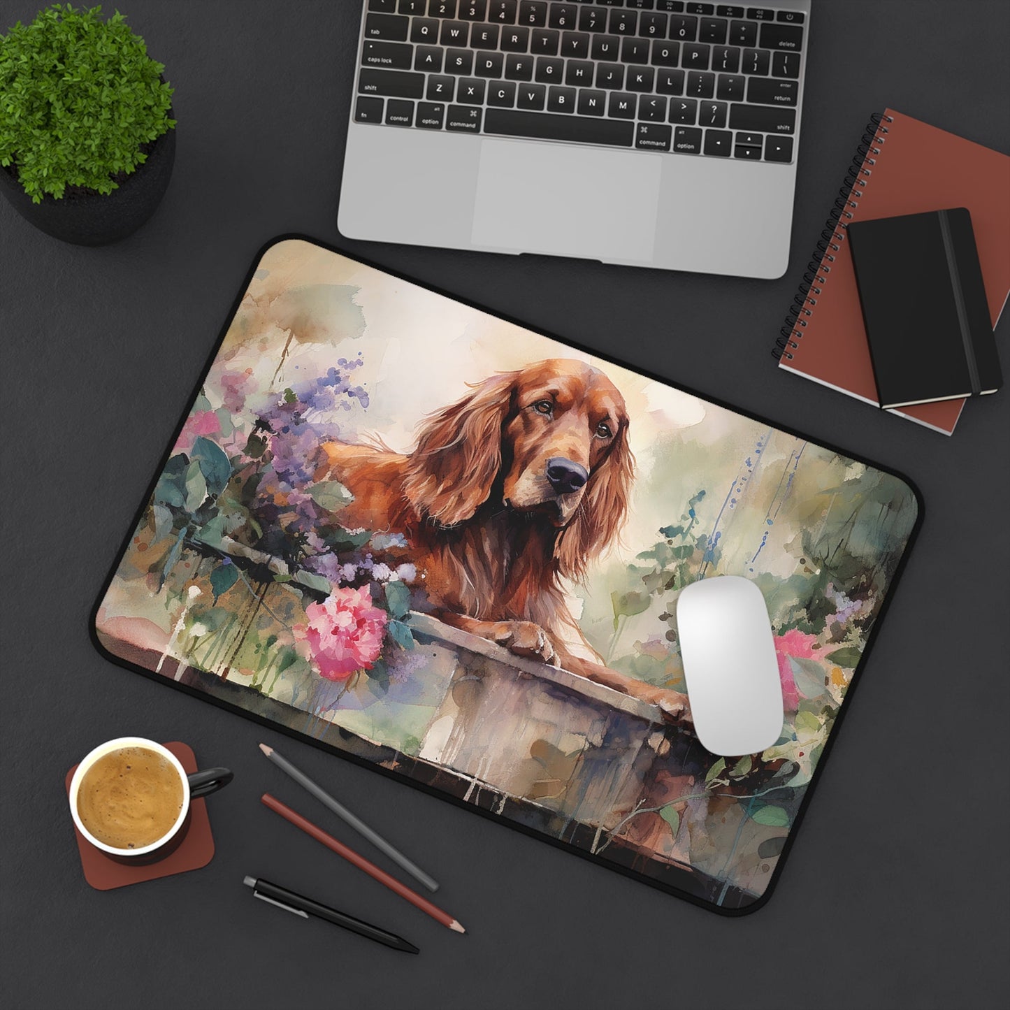 Irish Setter in the Garden Watercolor Mouse Pad, Unique Desk Mat - FlooredByArt