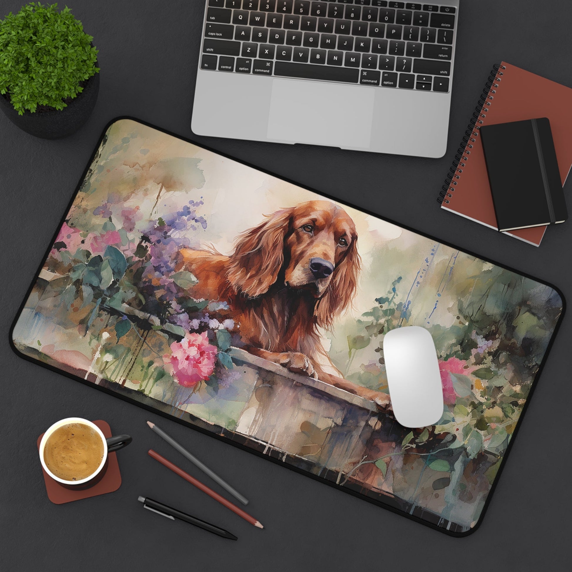 Irish Setter in the Garden Watercolor Mouse Pad, Unique Desk Mat - FlooredByArt