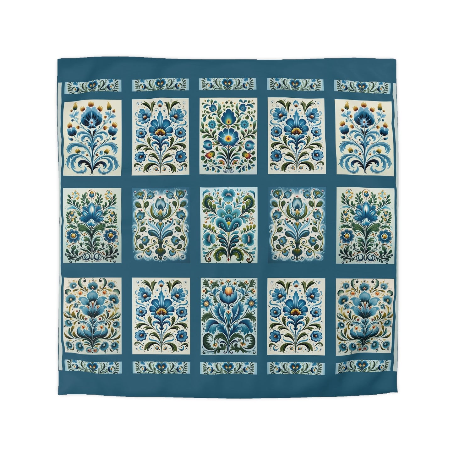 King - Queen Duvet - Scandi Blue Folk Art Design, Original Scandinavian Style Coverlet - FlooredByArt