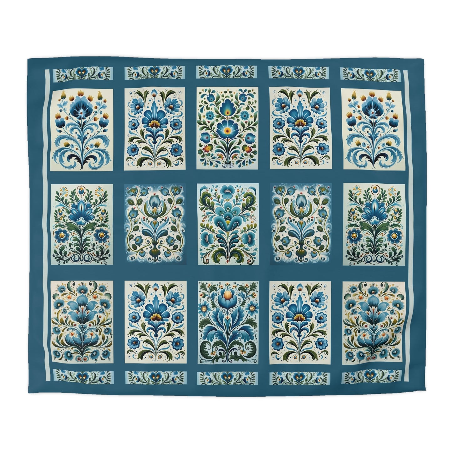 King - Queen Duvet - Scandi Blue Folk Art Design, Original Scandinavian Style Coverlet - FlooredByArt