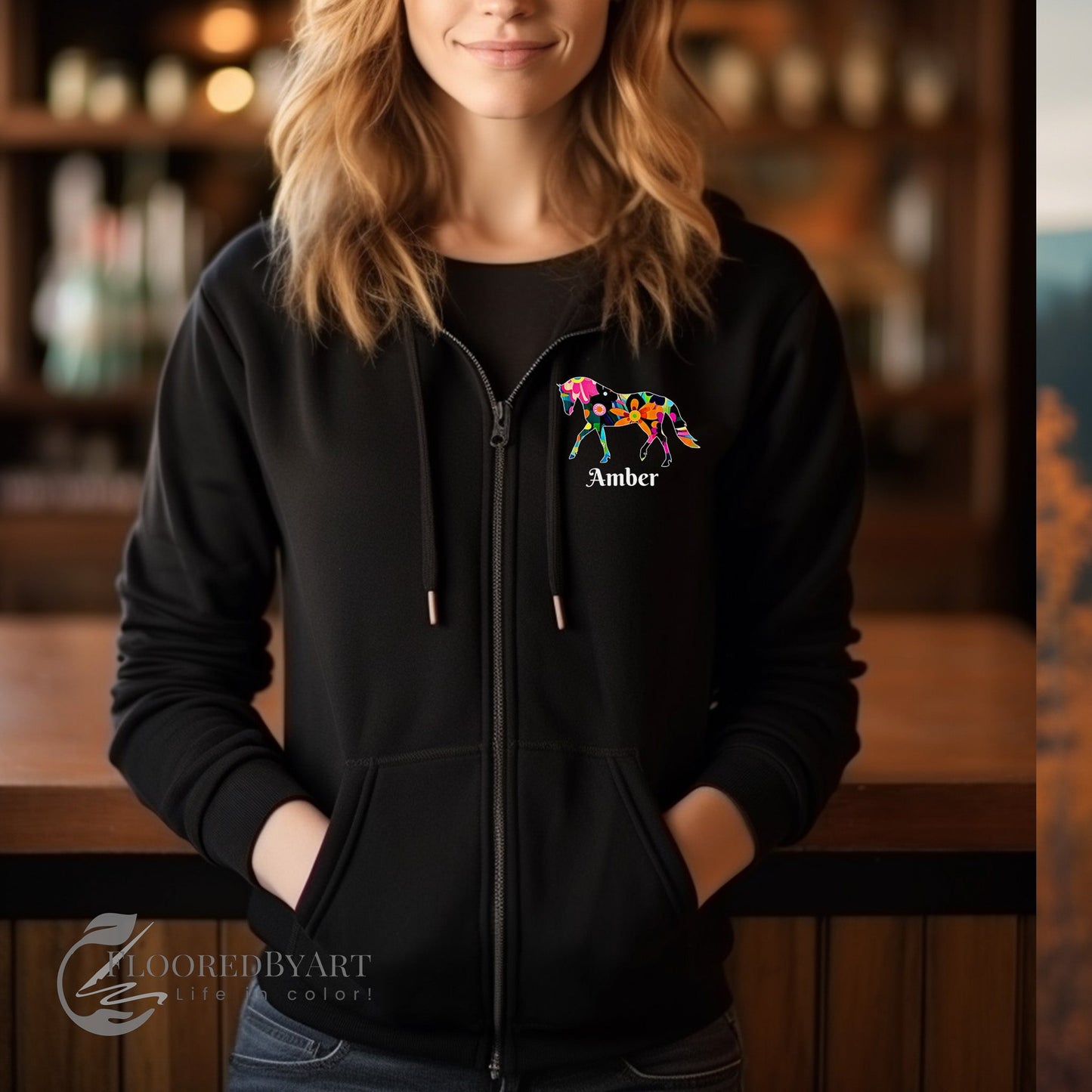 Ladies Horse Full Zip Hoodie Jacket, Adult / Youth - FlooredByArt