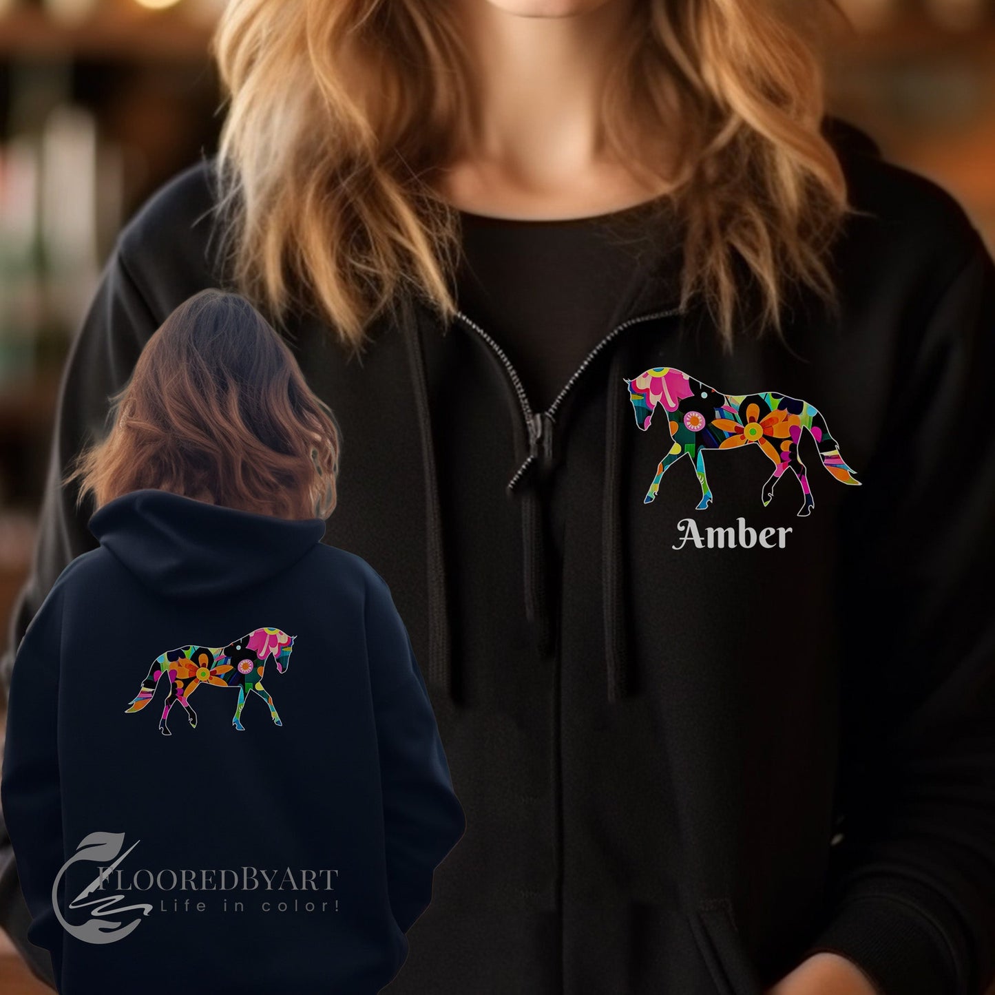 Ladies Horse Full Zip Hoodie Jacket, Adult / Youth - FlooredByArt