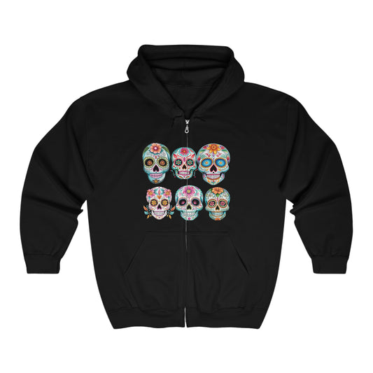 Let's Party Sugar Skull Zip Up Hoodie, Mexican Festival Bloom Skulls Unisex Full Zip Hooded Sweatshirt - FlooredByArt
