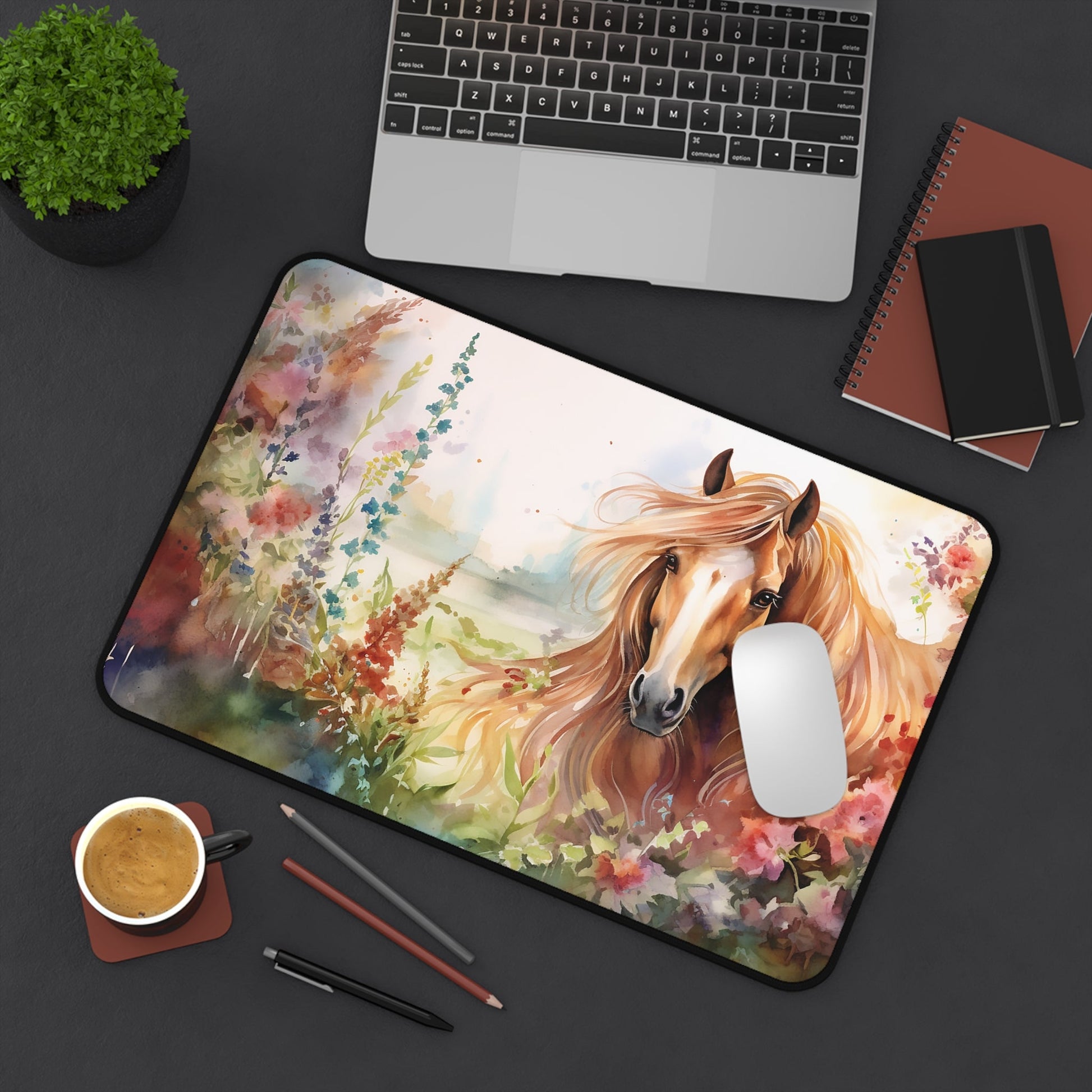 Little Girl Dream Horse Mouse Pad/ Desk Mat - Girls and Ponies, Horse Lover Girls, Horse Art Illustration,Trendy Desk Mat Horse Lover Office - FlooredByArt