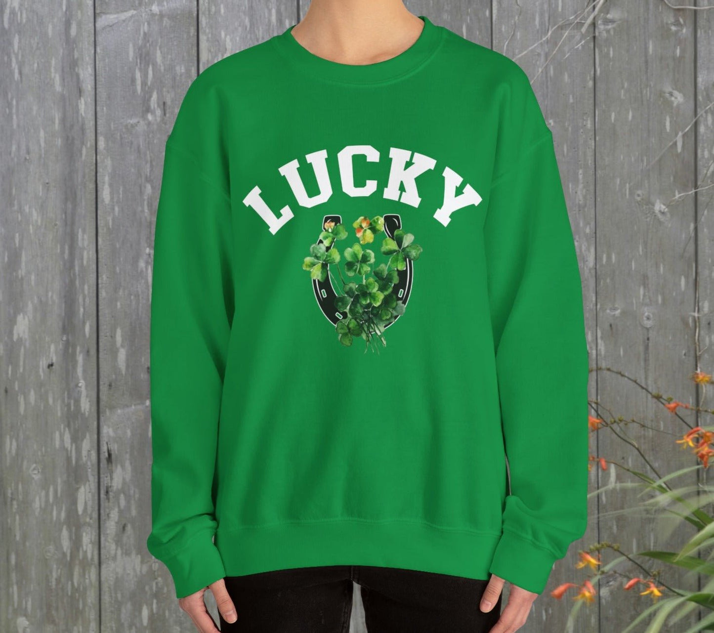 Lucky Sweatshirt, Clover and Horseshoe, St Patricks Day Sweater - FlooredByArt