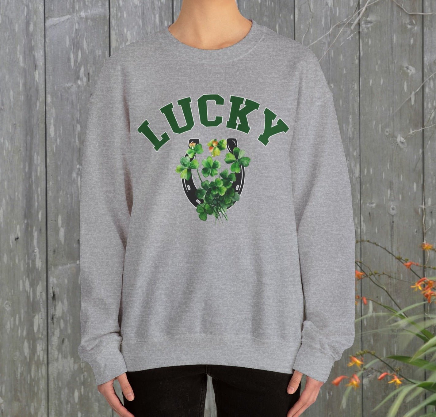 Lucky Sweatshirt, Clover and Horseshoe, St Patricks Day Sweater - FlooredByArt