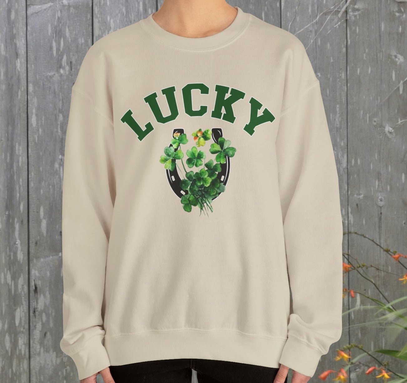 Lucky Sweatshirt, Clover and Horseshoe, St Patricks Day Sweater - FlooredByArt