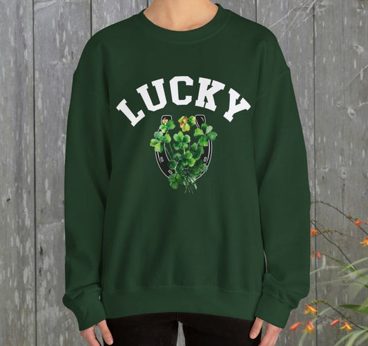 Lucky Sweatshirt, Clover and Horseshoe, St Patricks Day Sweater - FlooredByArt