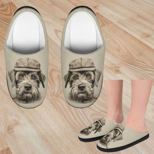 Mens Dog Slippers, Whimsical Dog with Hat Slippers, Comfy Indoor Men's Slippers - FlooredByArt