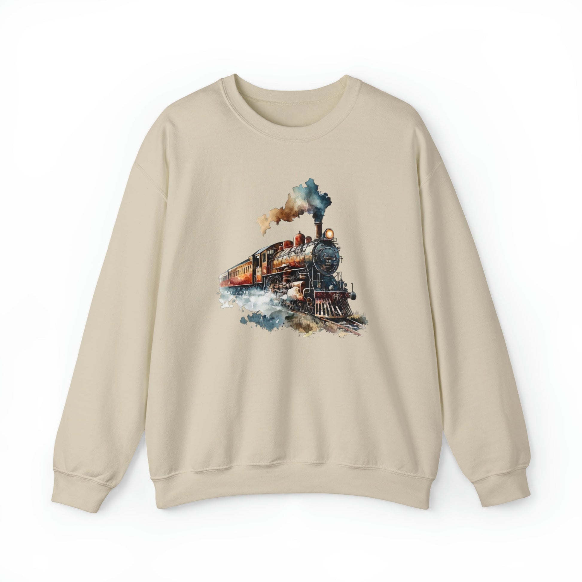 Men's Train Sweatshirt, Brown Vintage Locomotive Train Steam Engine, Watercolor Train - FlooredByArt