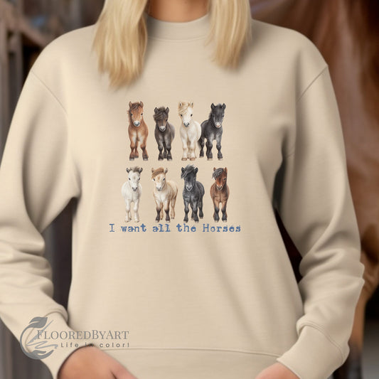 Mini Horses Crewneck Sweatshirt, Minimalist Design of Horses - FlooredByArt