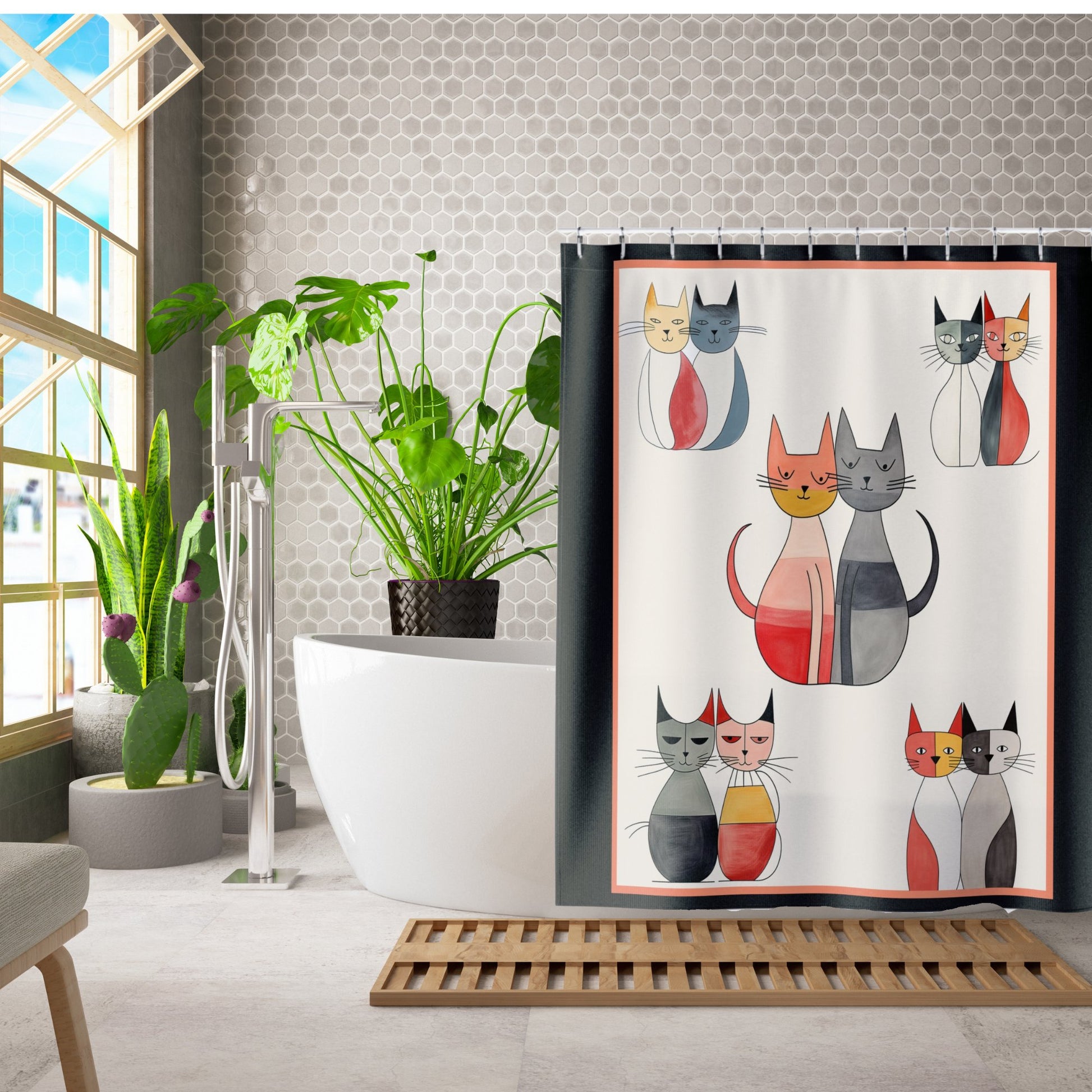 Modern Cats Shower Curtain, Boho MCM Style Bathroom Decor, Atomic Cat Design - FlooredByArt