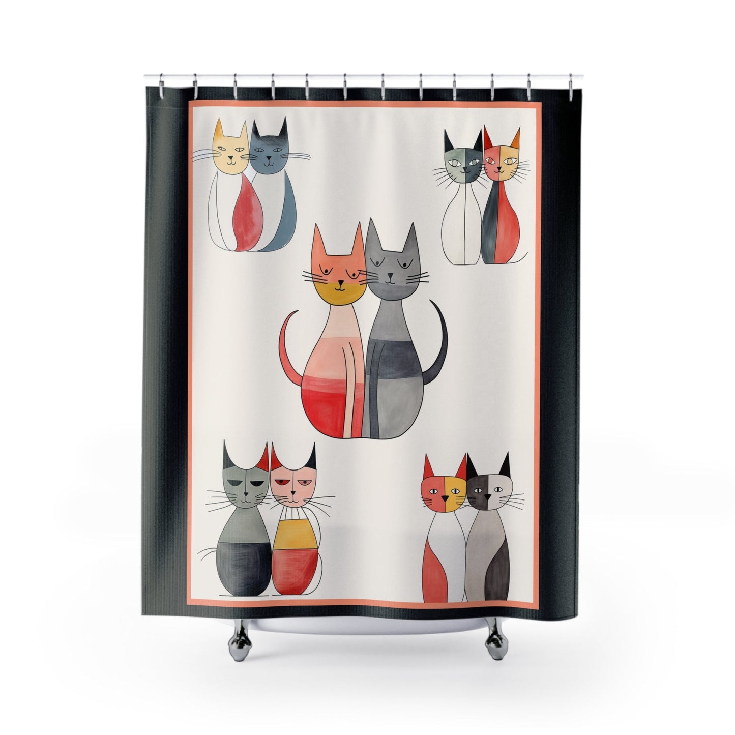 Modern Cats Shower Curtain, Boho MCM Style Bathroom Decor, Unique Interior Design, Black and White Luxury Water Resistant Accessory - FlooredByArt