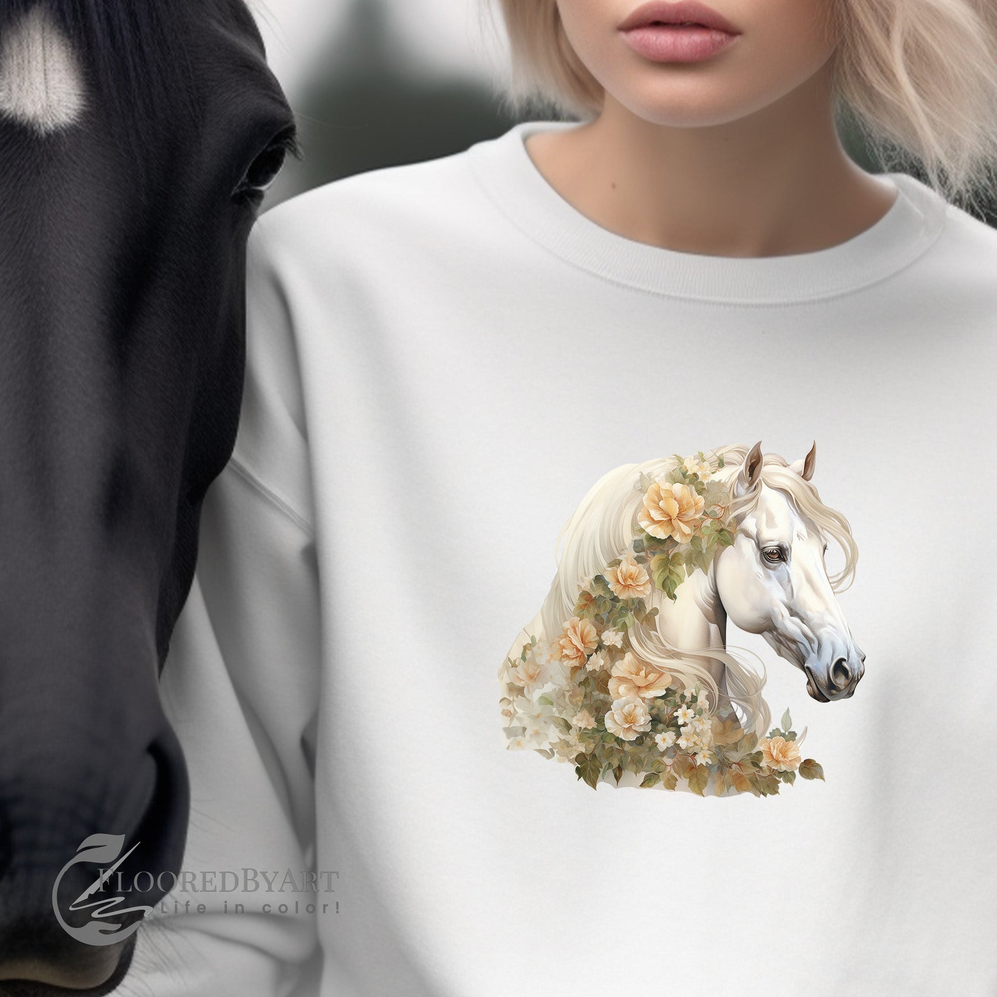 Mom and Me, Customized Horse Head with A Blanket of Roses - Crewneck Sweatshirt - FlooredByArt