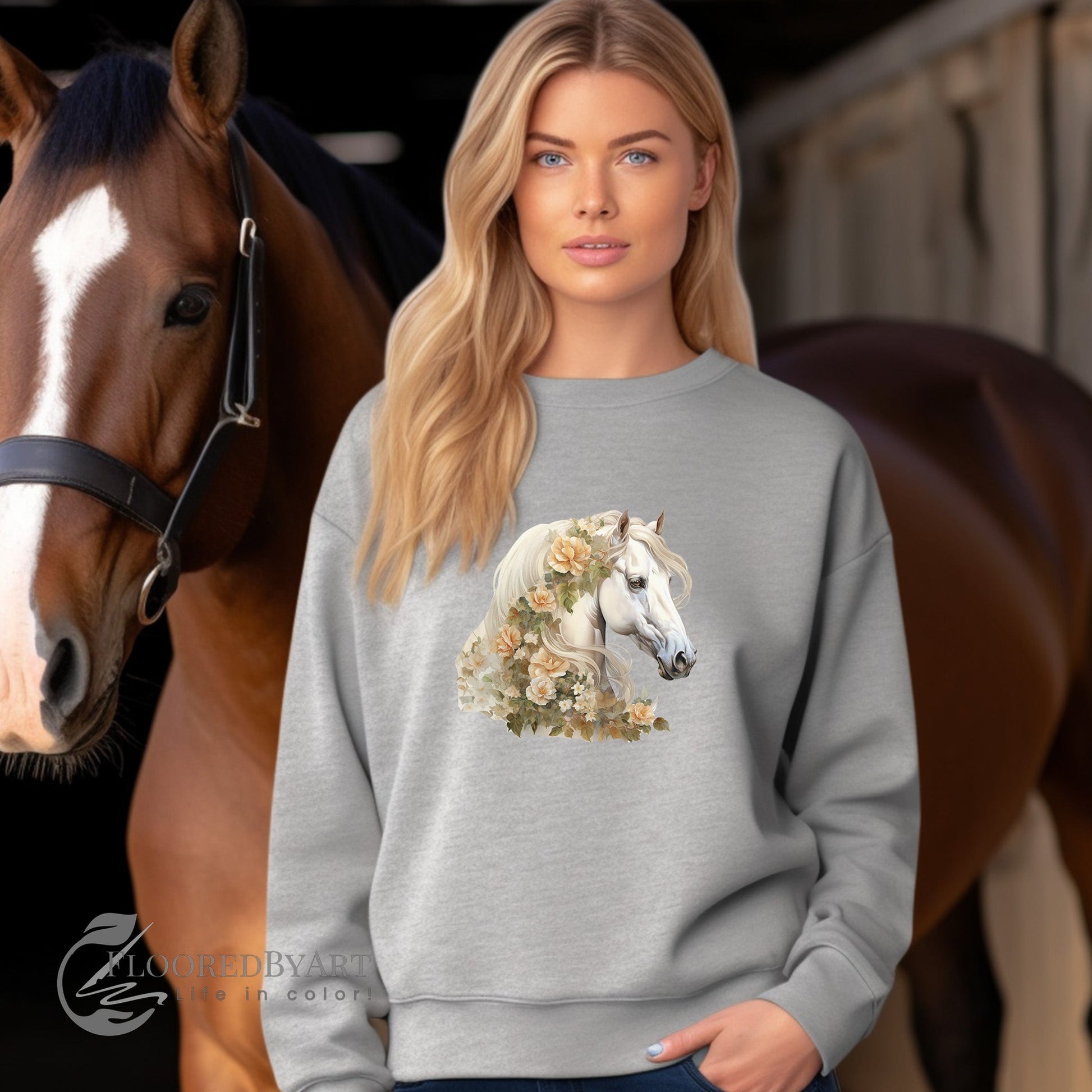 Mom and Me, Customized Horse Head with A Blanket of Roses - Crewneck Sweatshirt - FlooredByArt