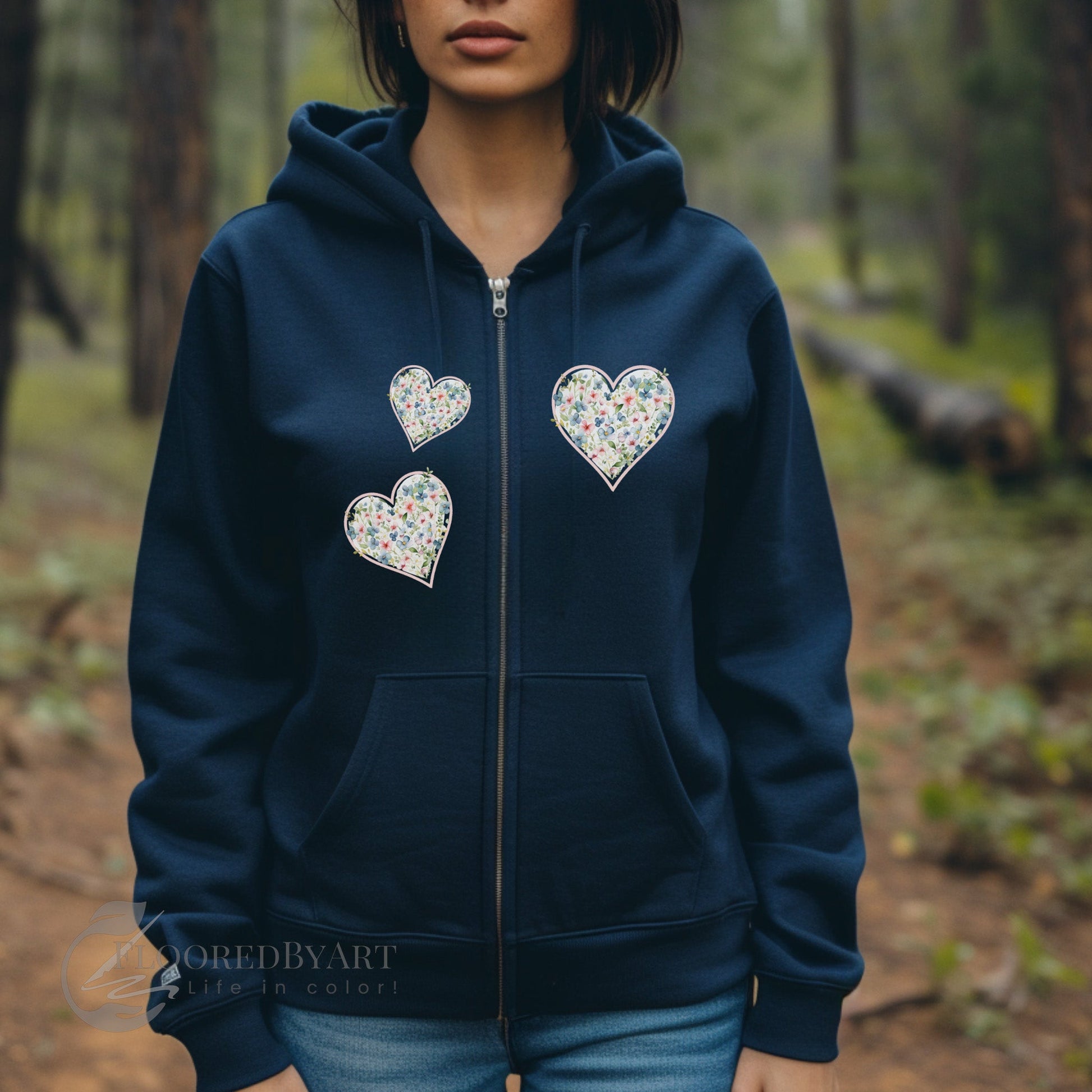 Multi Floral Hearts Full Zip Jacket, Personalized Country Hoodie Aesthetic - FlooredByArt