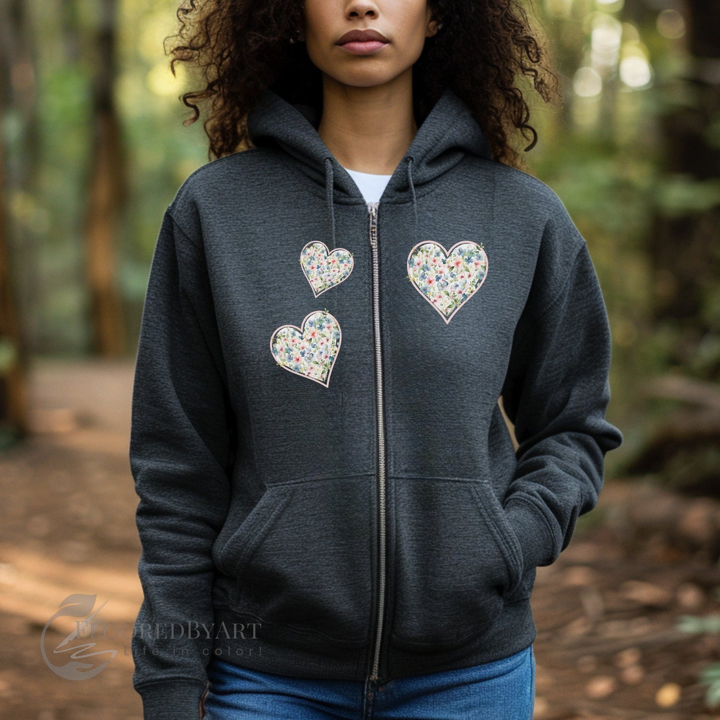 Multi Floral Hearts Full Zip Jacket, Personalized Country Hoodie Aesthetic - FlooredByArt