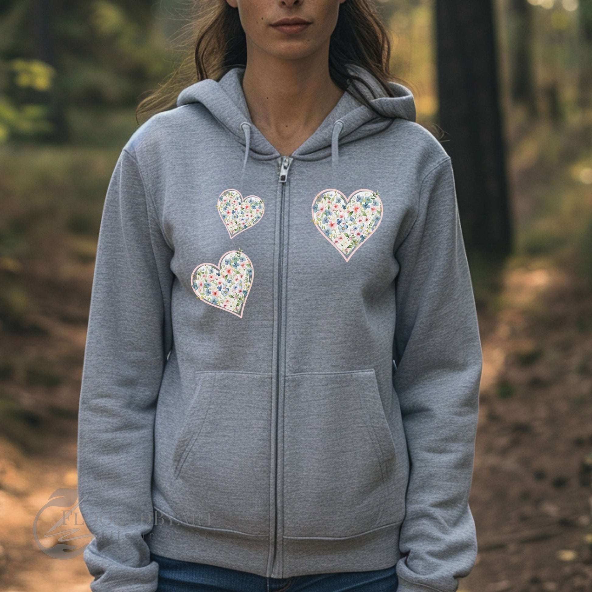 Multi Floral Hearts Full Zip Jacket, Personalized Country Hoodie Aesthetic - FlooredByArt