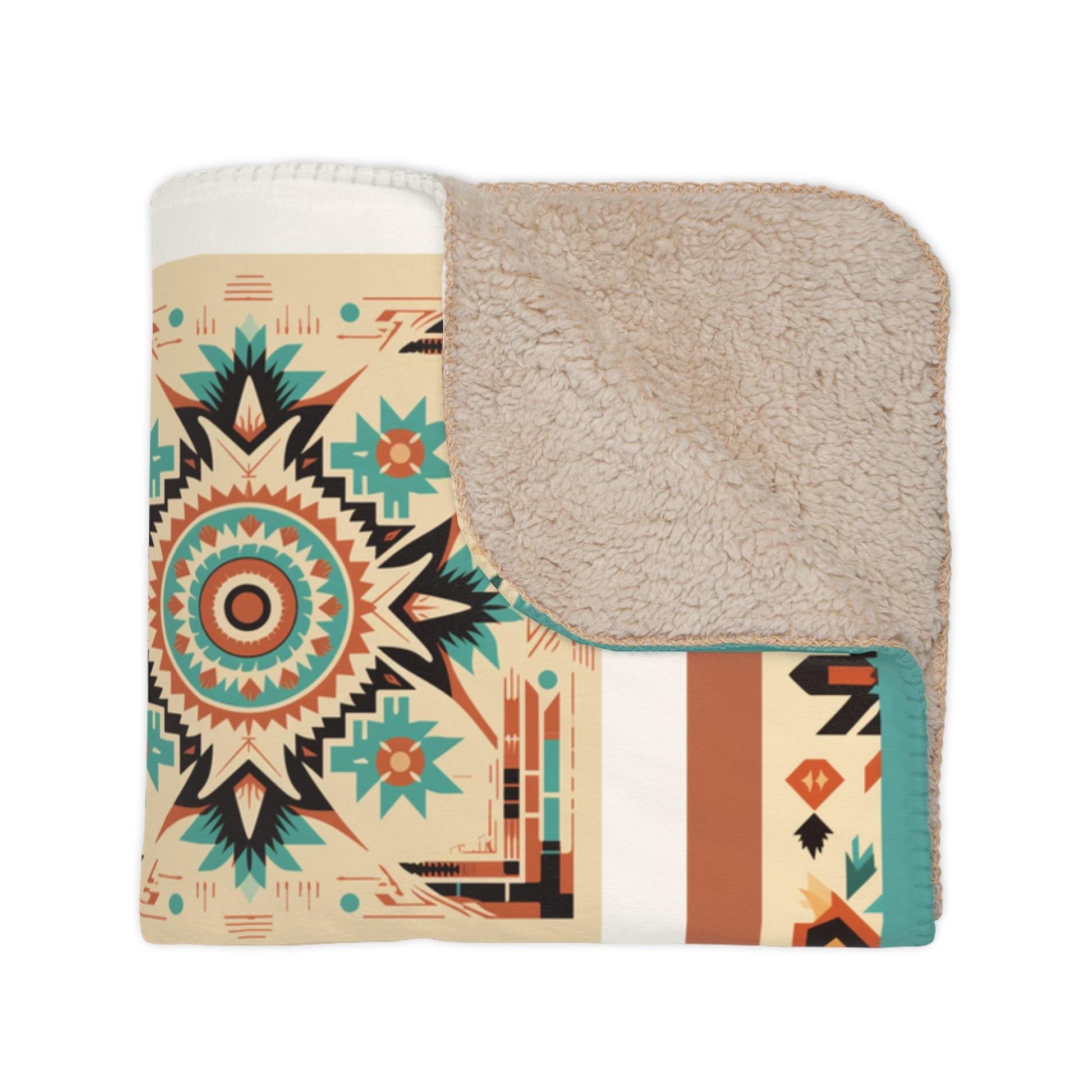 Navaho Native American Style Patchwork Throw, Soft Minky Top Sherpa Blanket - FlooredByArt