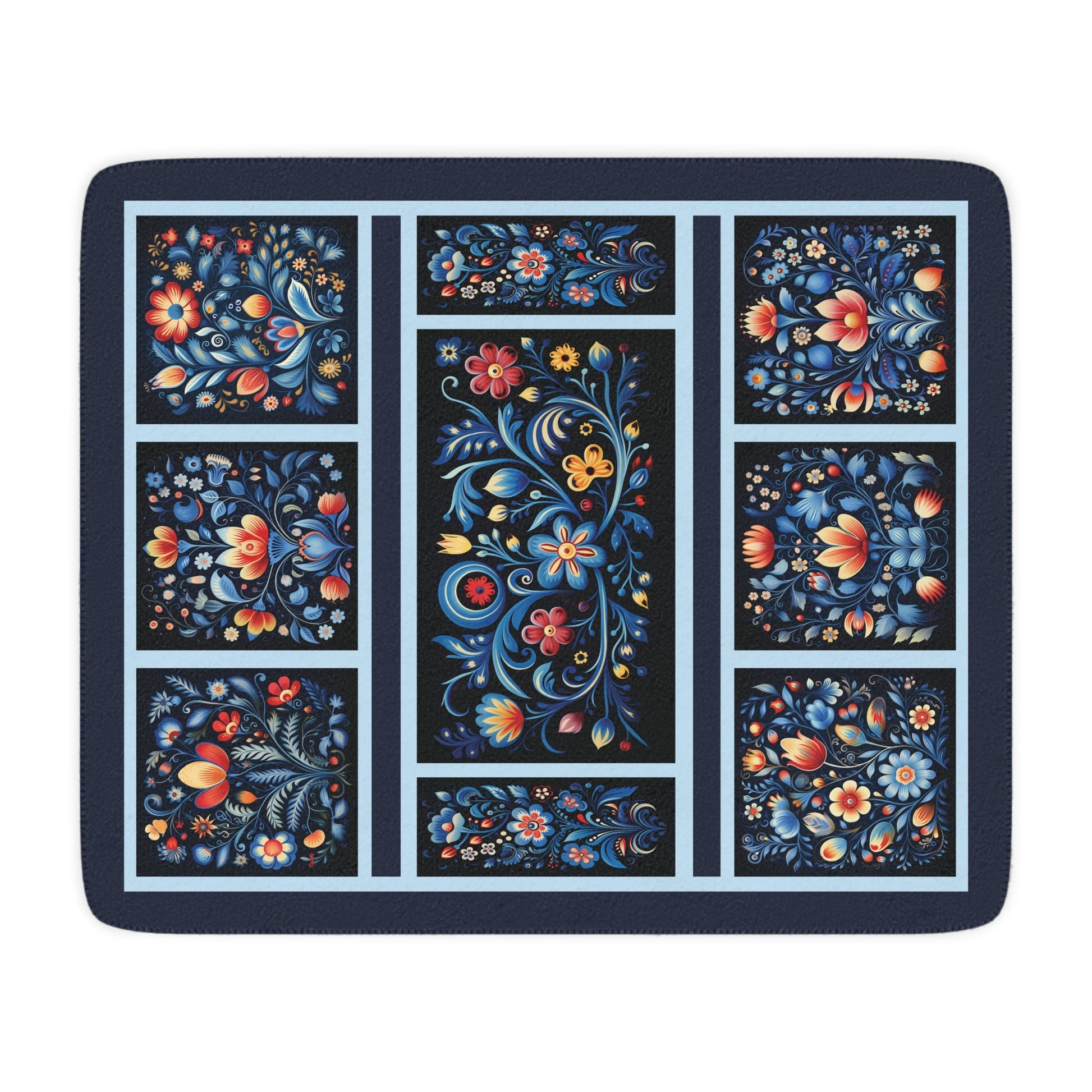 Navy Blue Scandi Folk Art Blanket, Scandinavian Art - Folk Art - Rosemaling - FlooredByArt