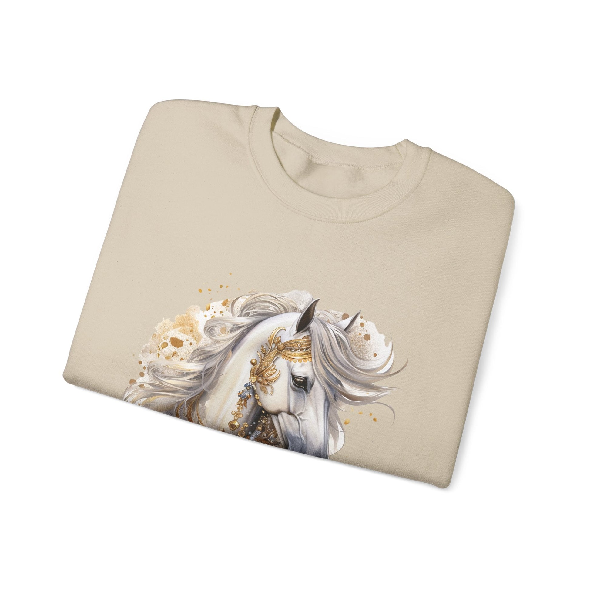 New Years Shirt 2024 Sweatshirt, White Horse, Happy New Year Written on the Sleeve, Horse Design #3 - FlooredByArt