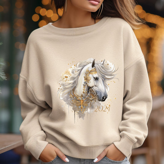 New Years Shirt 2024 Sweatshirt, White Horse, Happy New Year Written on the Sleeve, Horse Design #3 - FlooredByArt