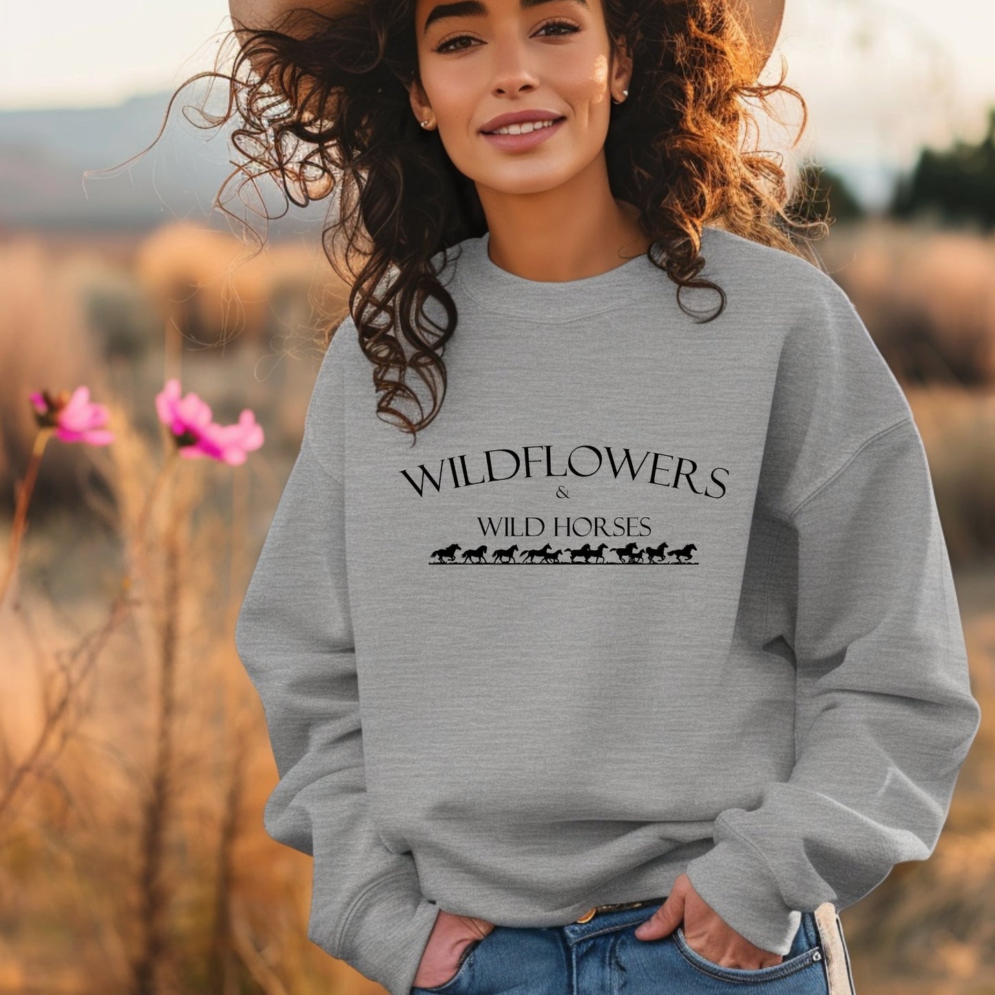 Original Country Songs Wildflowers and Wild Horses, Crewneck Sweatshirt, Rodeo Nights - FlooredByArt