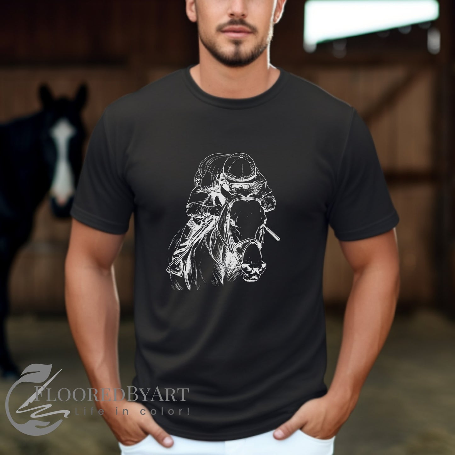 Original Horseracing T-shirt, Black Marker Drawing, Jockey on Horse T-shirt for Racing Fans - FlooredByArt