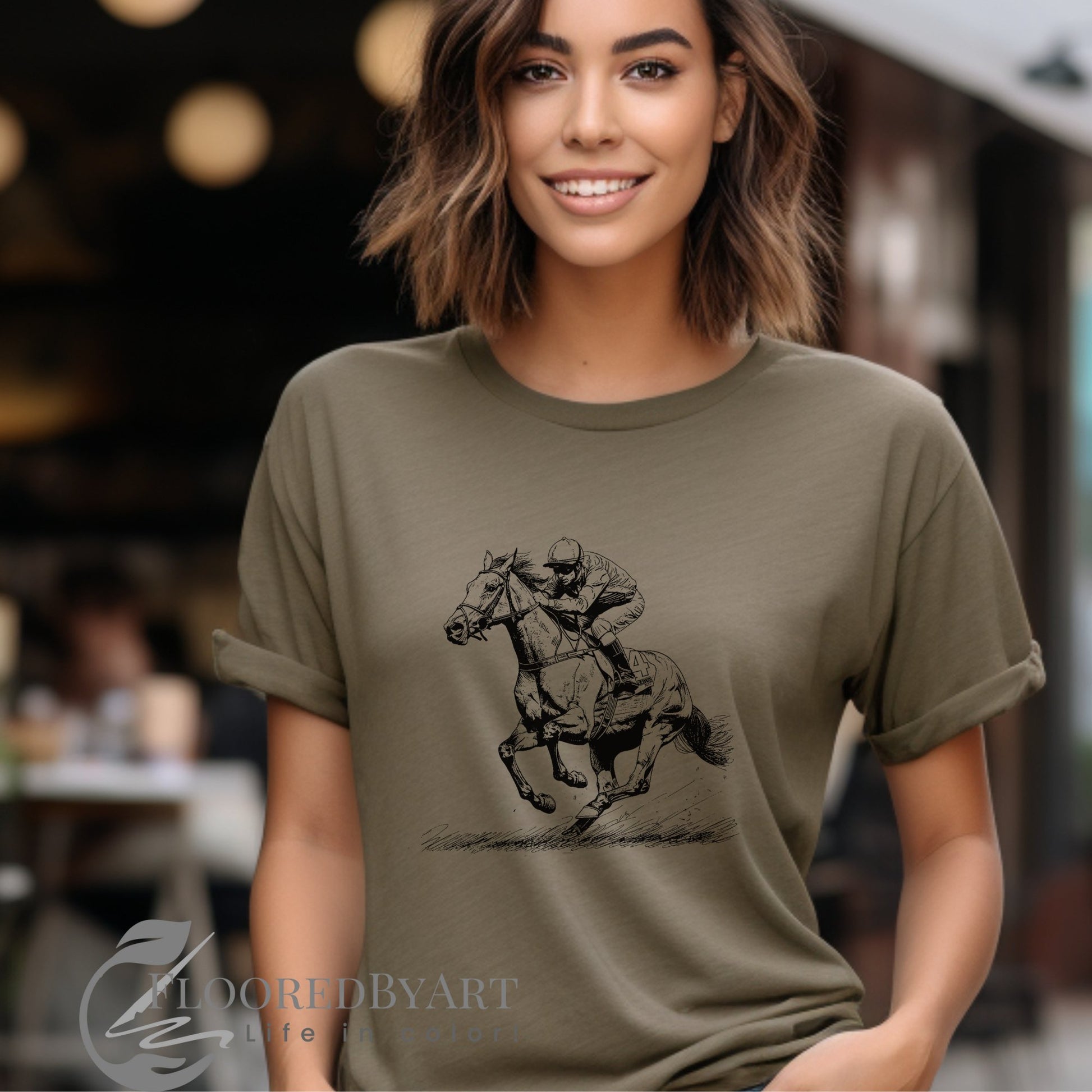 Original Horseracing T-shirt, Black Marker Drawing of Full Jockey on Horse - FlooredByArt