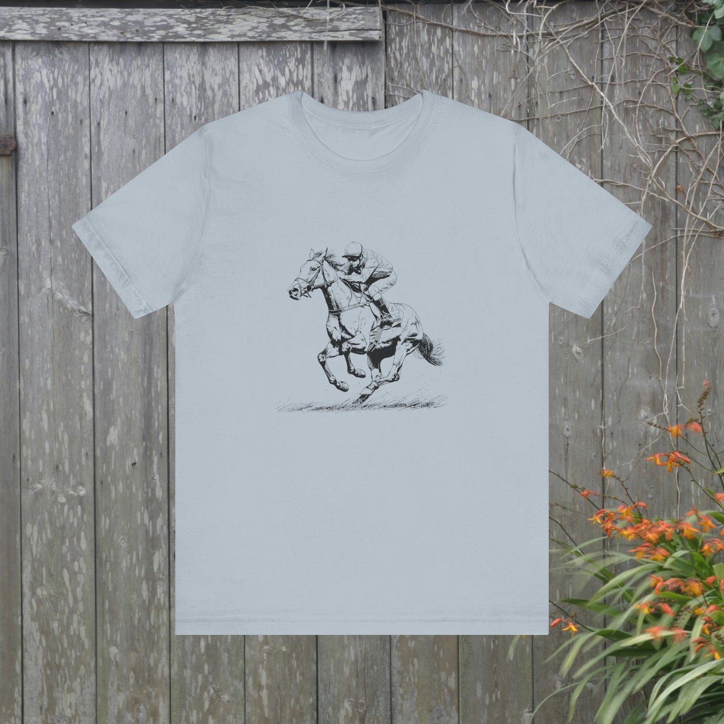 Original Horseracing T-shirt, Black Marker Drawing of Full Jockey on Horse - FlooredByArt