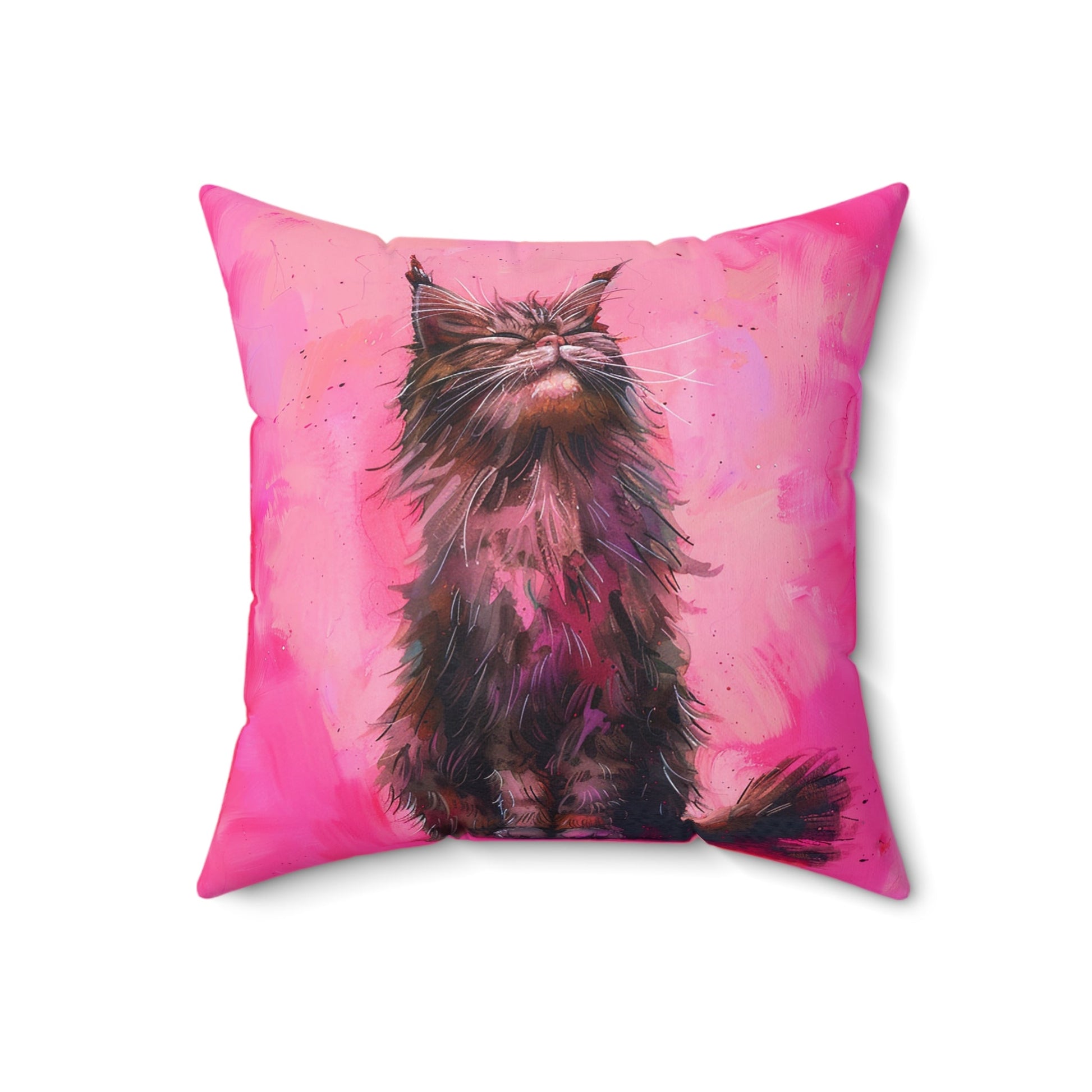 Original "Pink Bliss" Cat Pillow, Watercolor, Hot Pink Black Cat Bliss Pillow - FlooredByArt