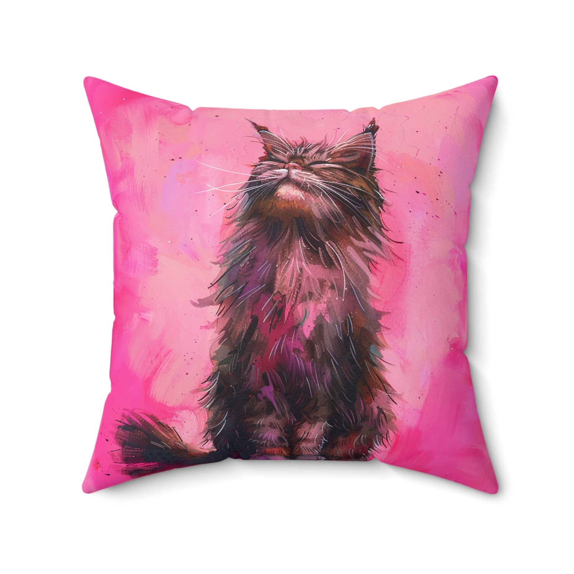 Original "Pink Bliss" Cat Pillow, Watercolor, Hot Pink Black Cat Bliss Pillow - FlooredByArt