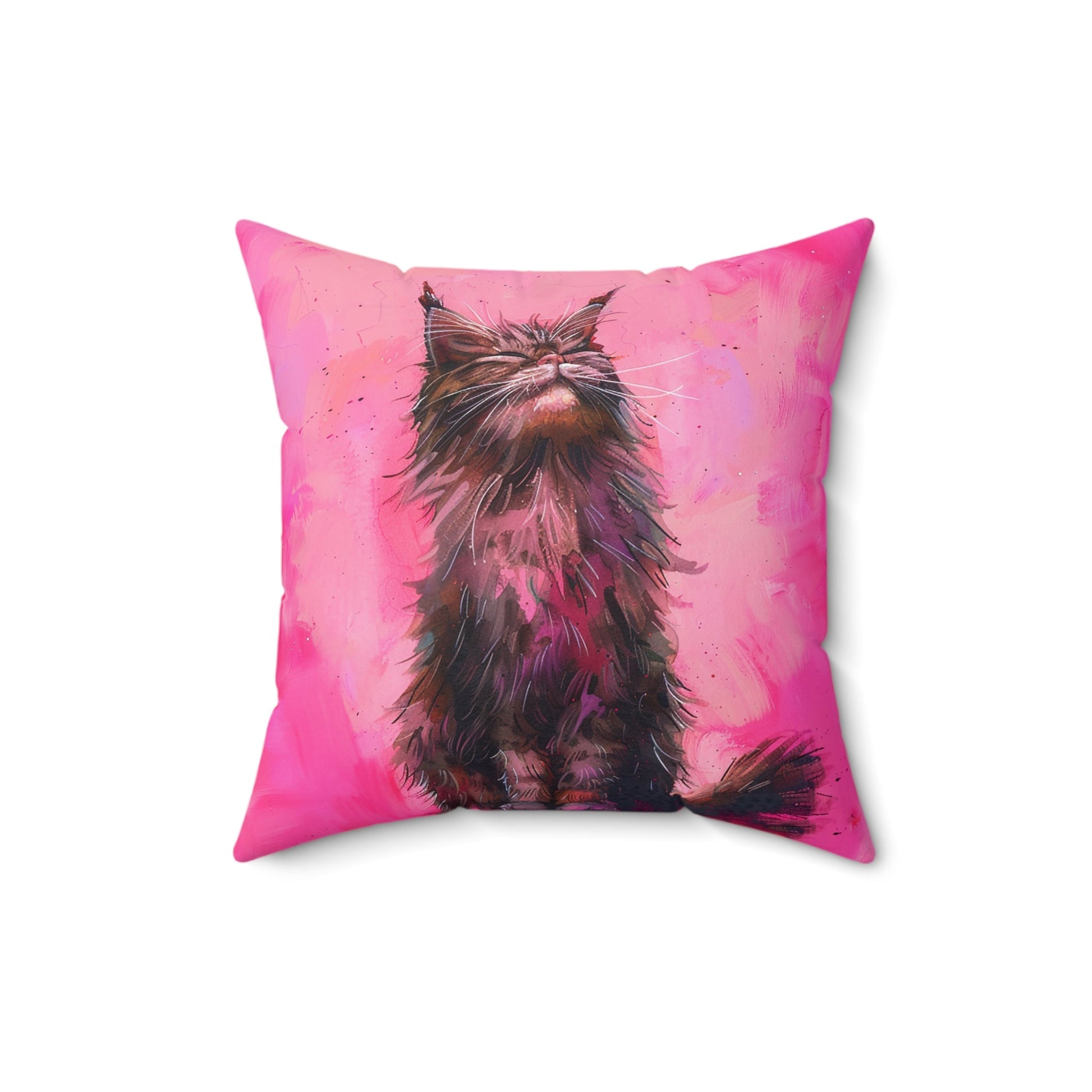 Original "Pink Bliss" Cat Pillow, Watercolor, Hot Pink Black Cat Bliss Pillow - FlooredByArt