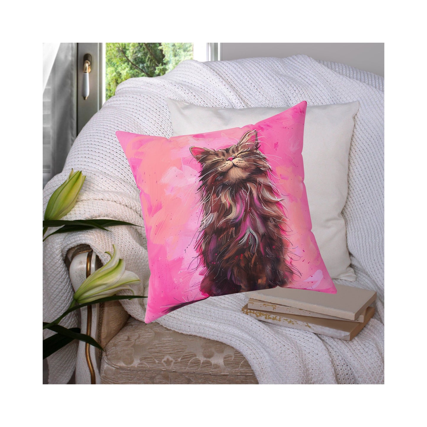 Original "Pink Bliss" Cat Pillow, Watercolor, Hot Pink Black Cat Bliss Pillow - FlooredByArt