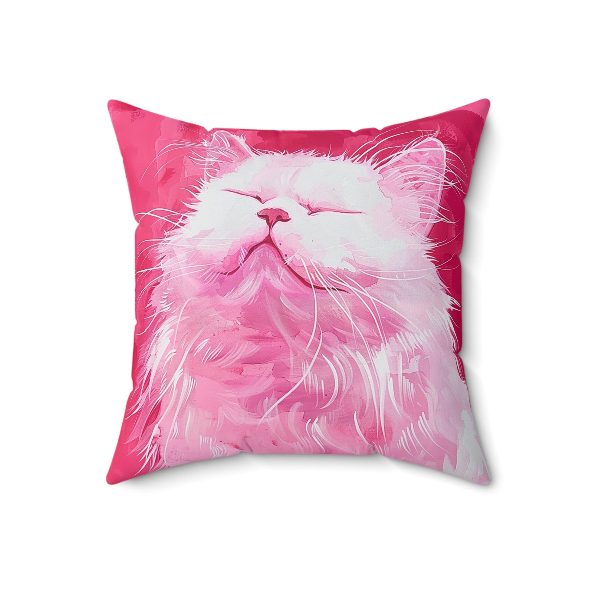 Original "Pink Bliss" Cat Pillow, Watercolor, Hot Pink White Cat Pillow - FlooredByArt