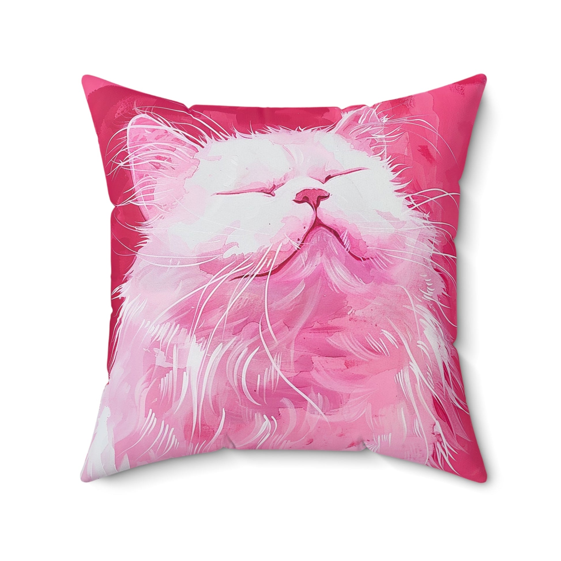 Original "Pink Bliss" Cat Pillow, Watercolor, Hot Pink White Cat Pillow - FlooredByArt