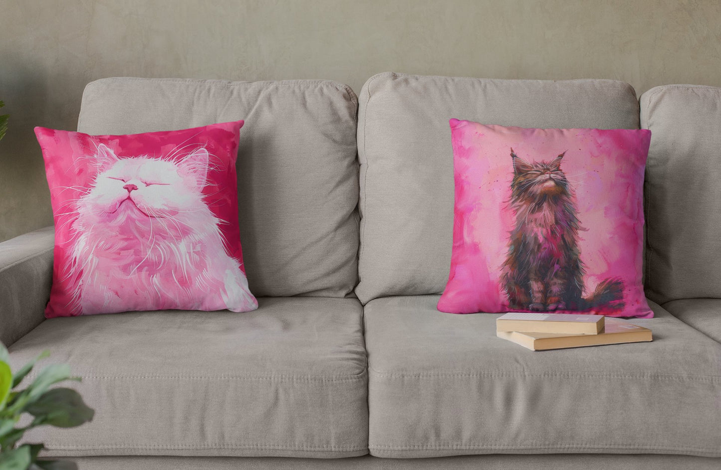 Original "Pink Bliss" Cat Pillow, Watercolor, Hot Pink White Cat Pillow - FlooredByArt