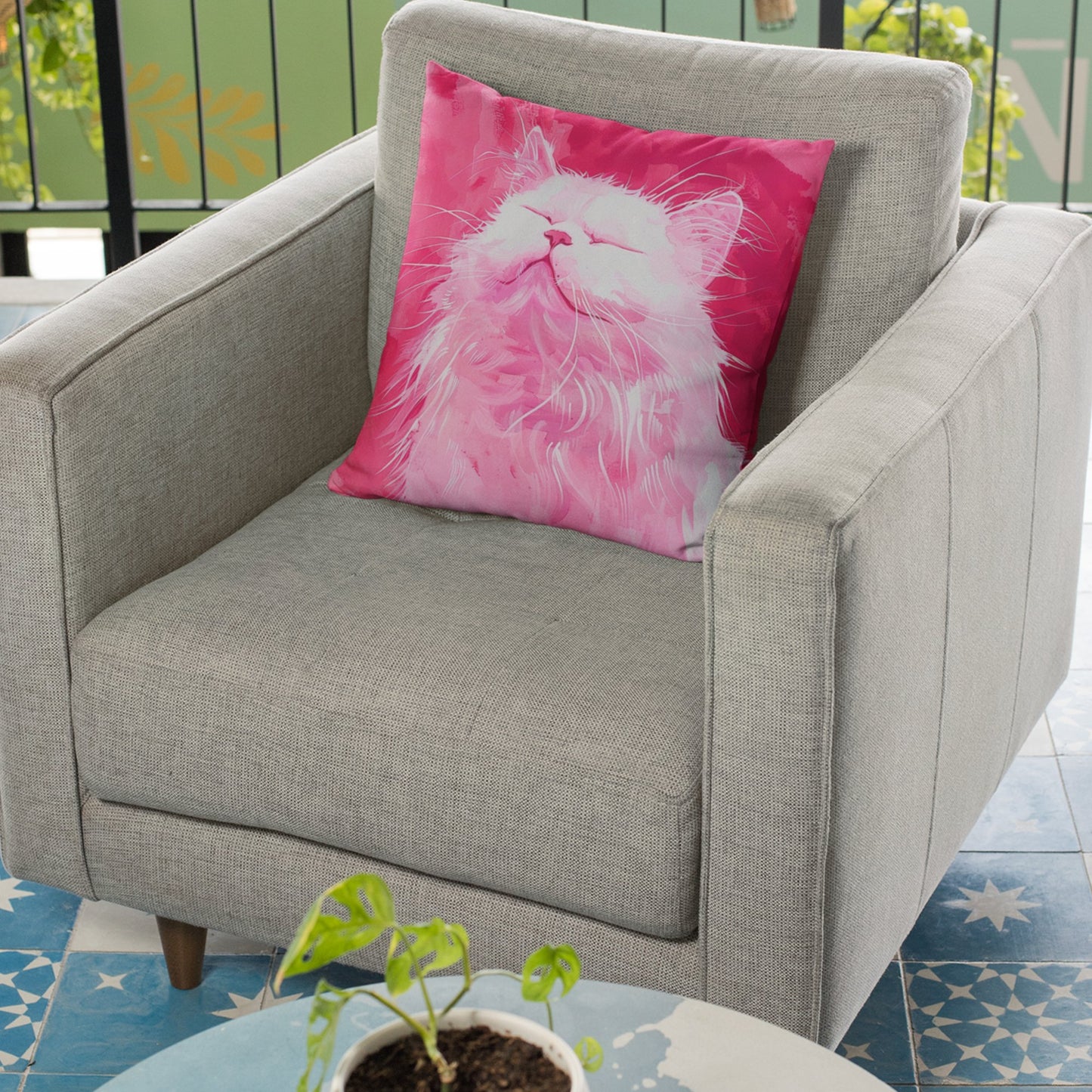 Original "Pink Bliss" Cat Pillow, Watercolor, Hot Pink White Cat Pillow - FlooredByArt