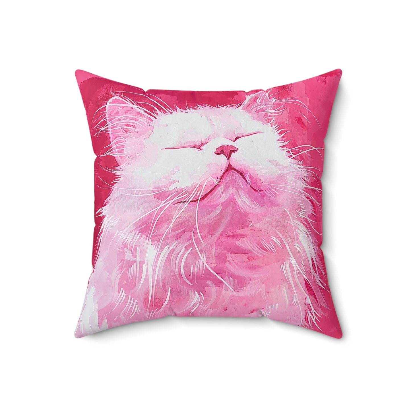 Original "Pink Bliss" Cat Pillow, Watercolor, Hot Pink White Cat Pillow - FlooredByArt