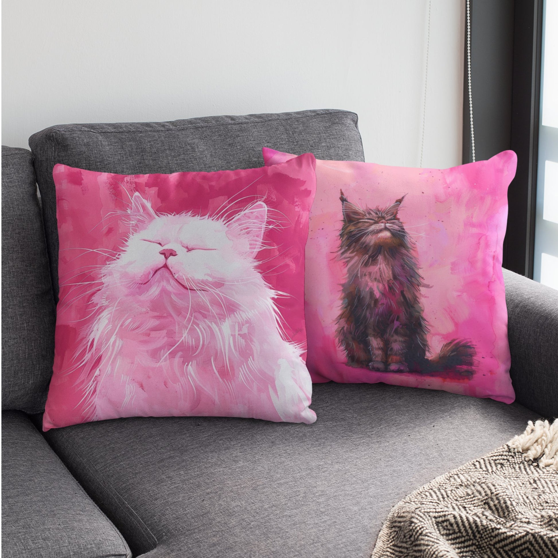 Original "Pink Bliss" Cat Pillow, Watercolor, Hot Pink White Cat Pillow - FlooredByArt
