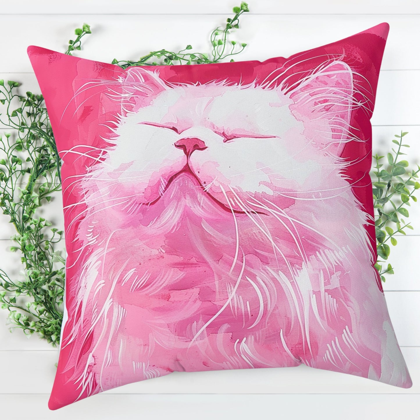 Original "Pink Bliss" Cat Pillow, Watercolor, Hot Pink White Cat Pillow - FlooredByArt