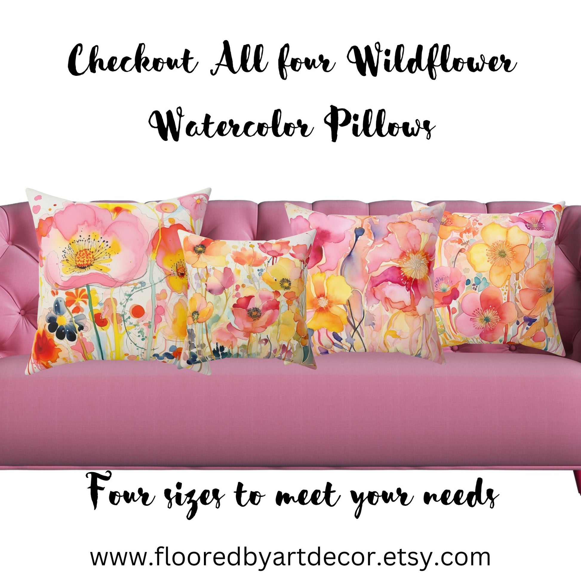 Original Wildflower Pillow #4, Watercolor, Bright Colors Pillow Set, Floral - FlooredByArt