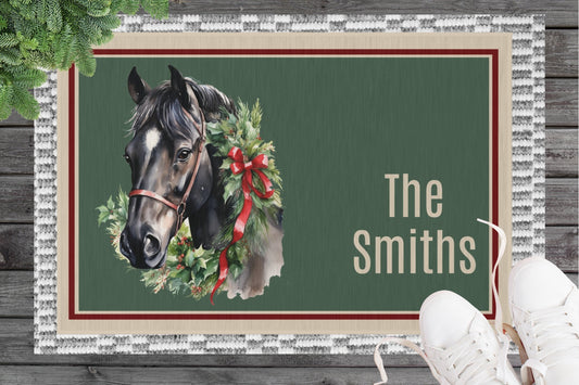 Personalized Black Horse Christmas Indoor Outdoor Rug, Custom Door Mat, Holiday Gift - FlooredByArt