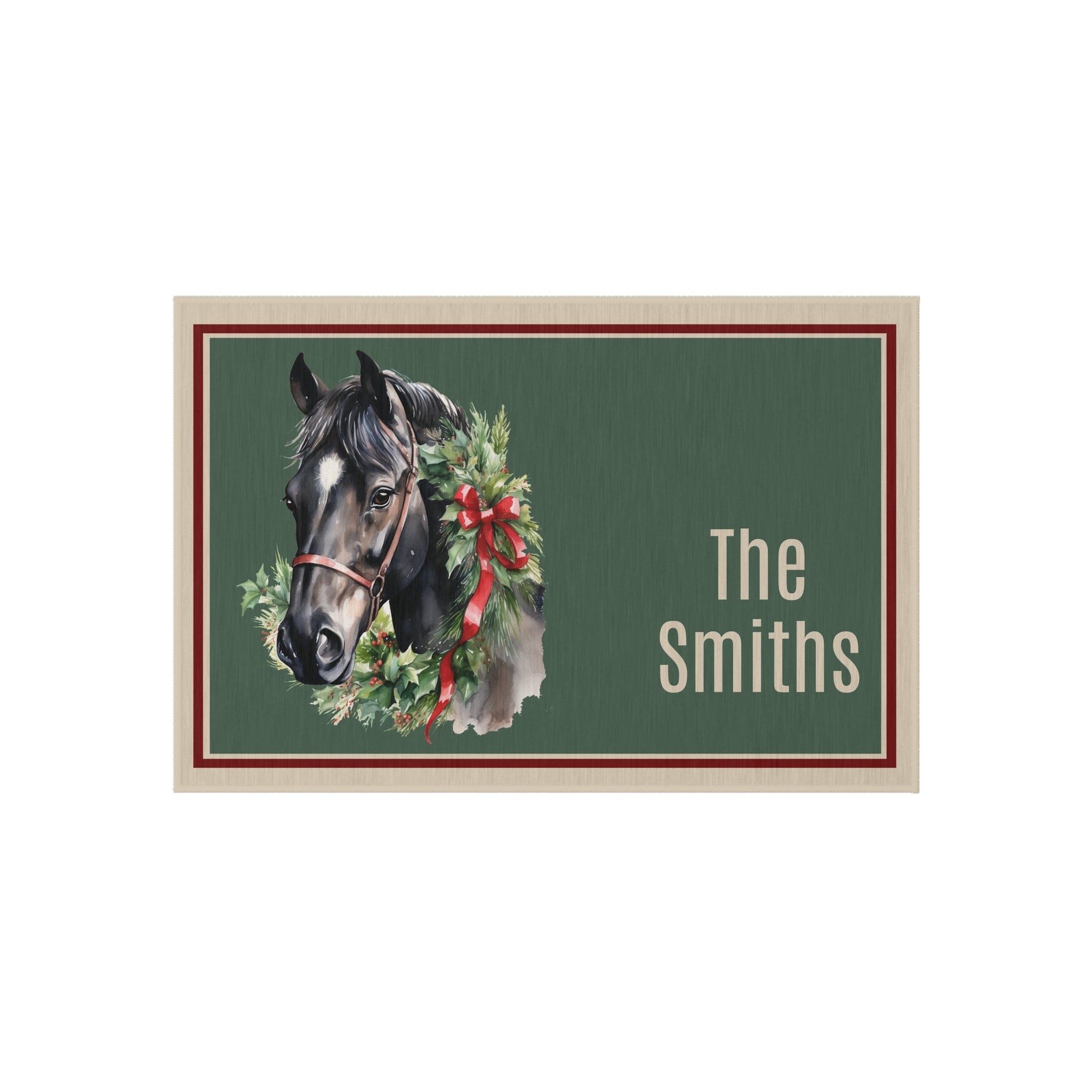 Personalized Black Horse Christmas Indoor Outdoor Rug, Custom Door Mat, Holiday Gift - FlooredByArt